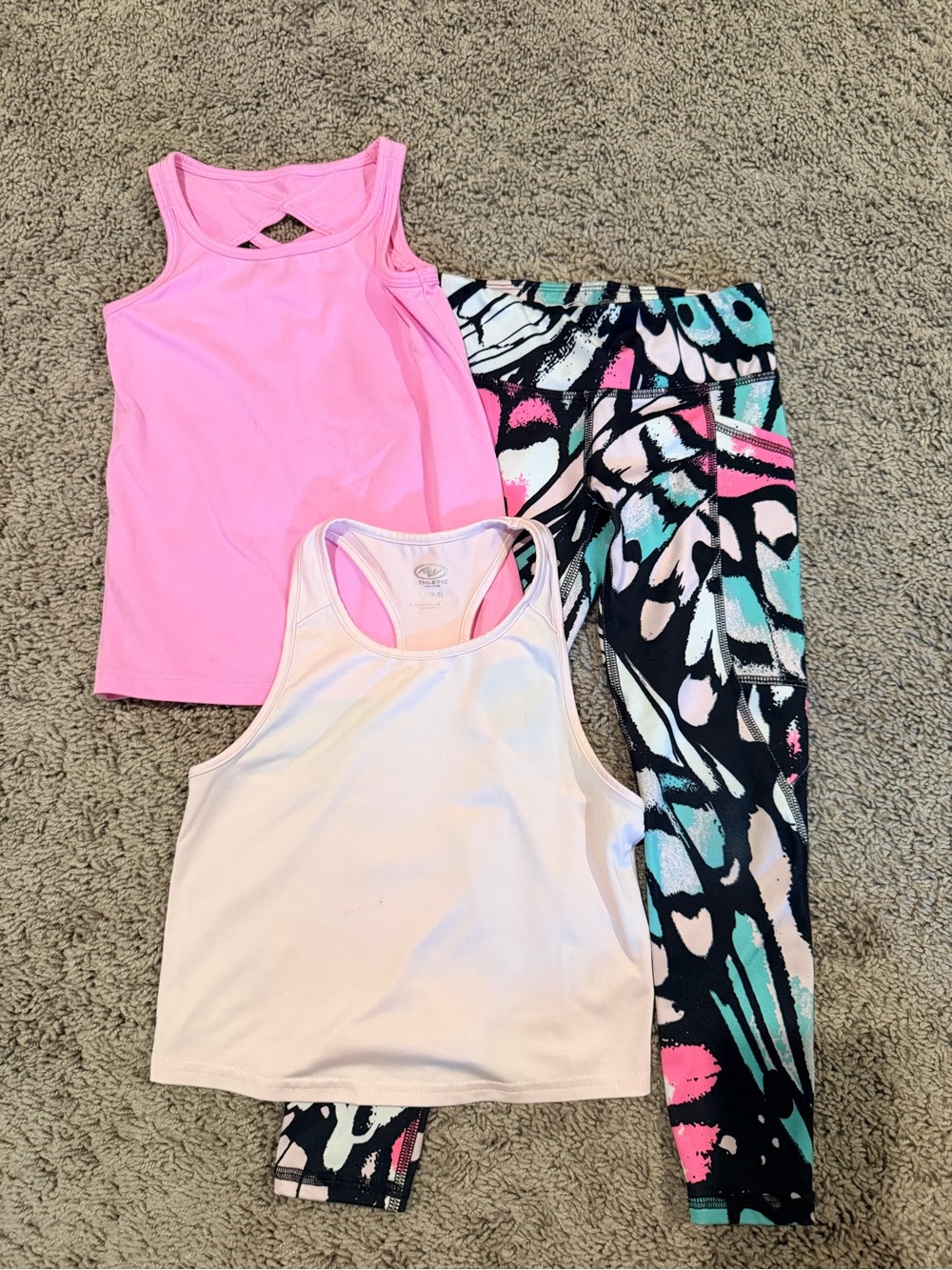 Athletic Works Pink & White Girls Tank Tops with Multi-Color Print Leggings